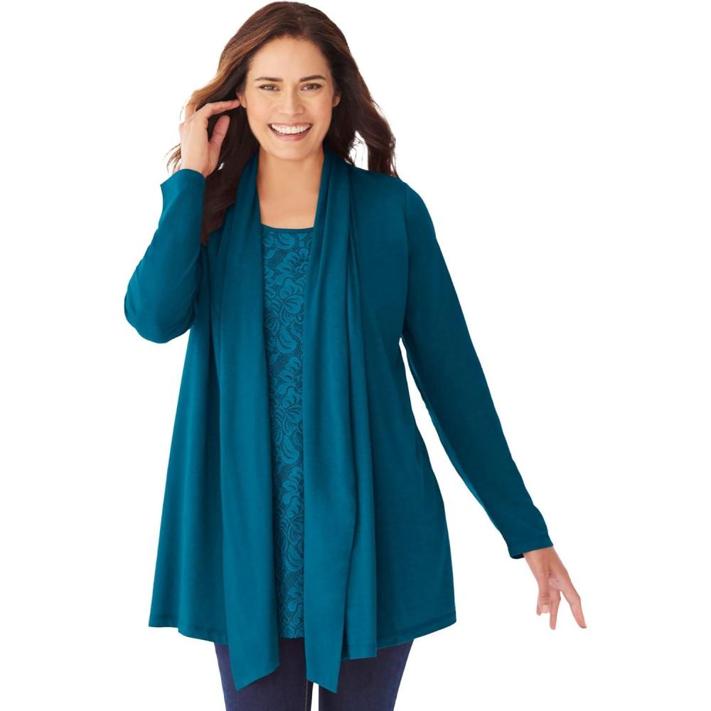 imageWoman Within Plus Size 2Fer Cardigan amp Attached Lace TunicDeep Teal