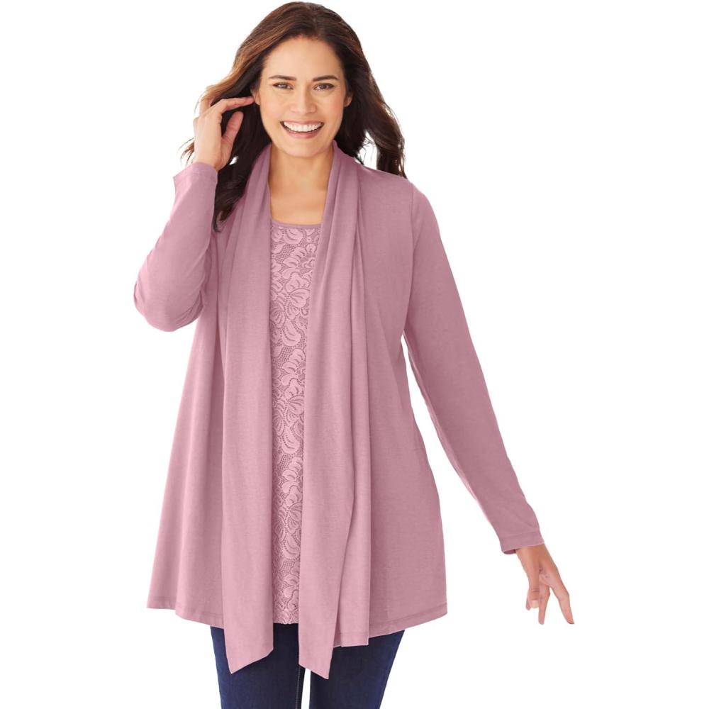 imageWoman Within Plus Size 2Fer Cardigan amp Attached Lace TunicDusty Pink