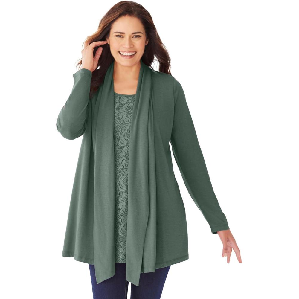 imageWoman Within Plus Size 2Fer Cardigan amp Attached Lace TunicPine