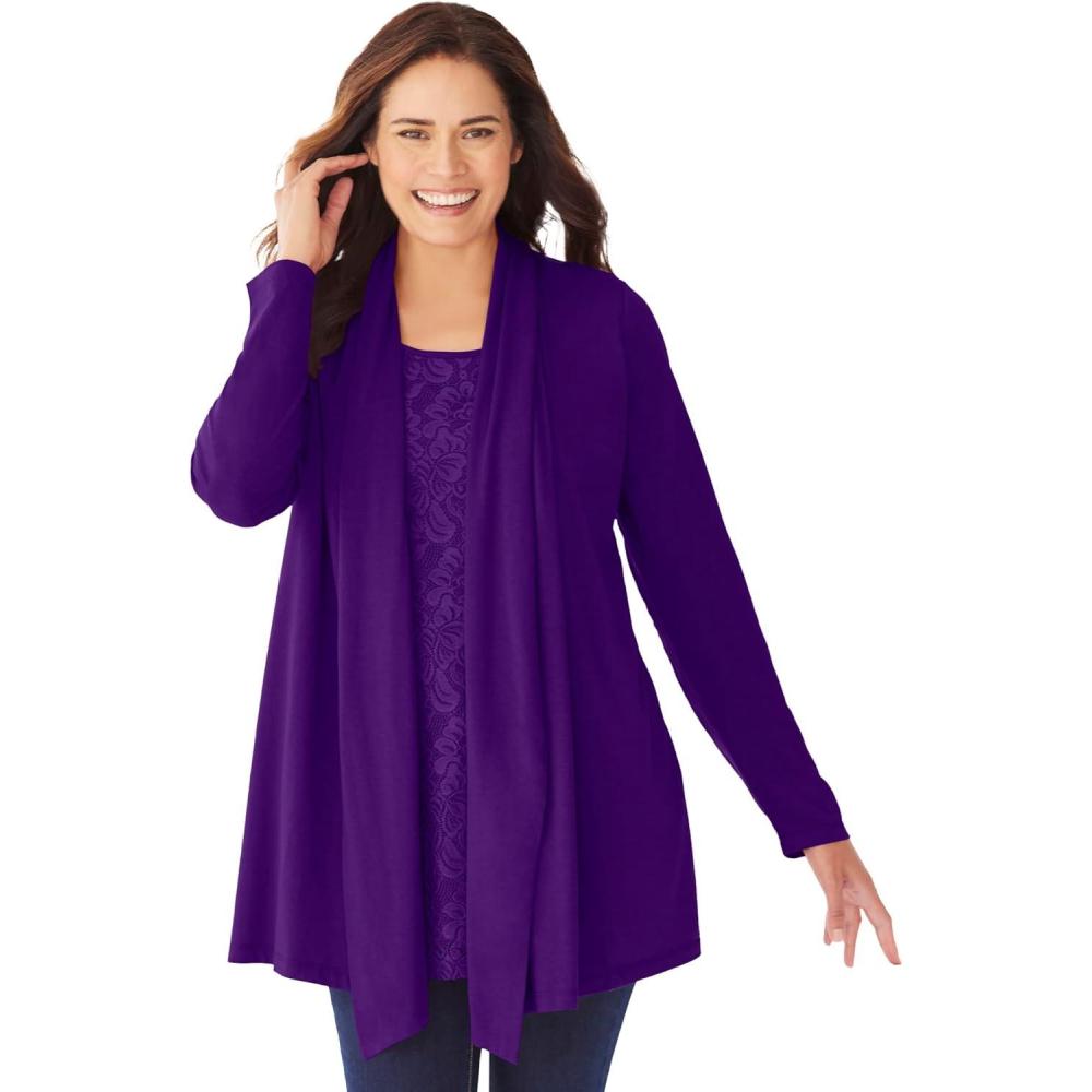 imageWoman Within Plus Size 2Fer Cardigan amp Attached Lace TunicRadiant Purple