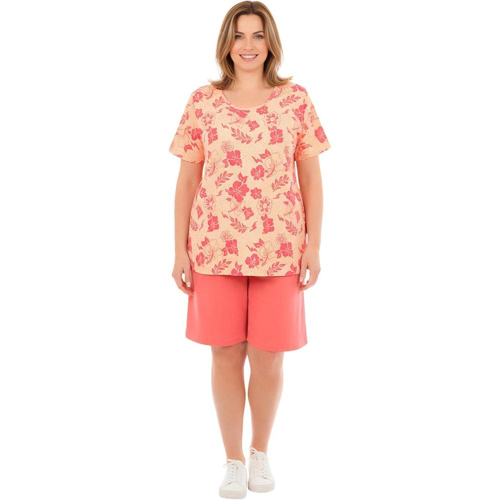 imageWoman Within Plus Size 2Piece Knit Tee And Short SetCoral Texture Hibiscus