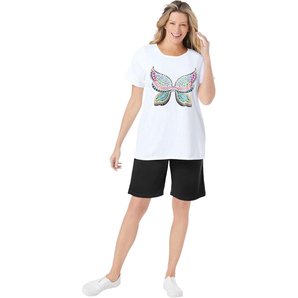 imageWoman Within Plus Size 2Piece Knit Tee And Short SetWhite Happy Butterfly