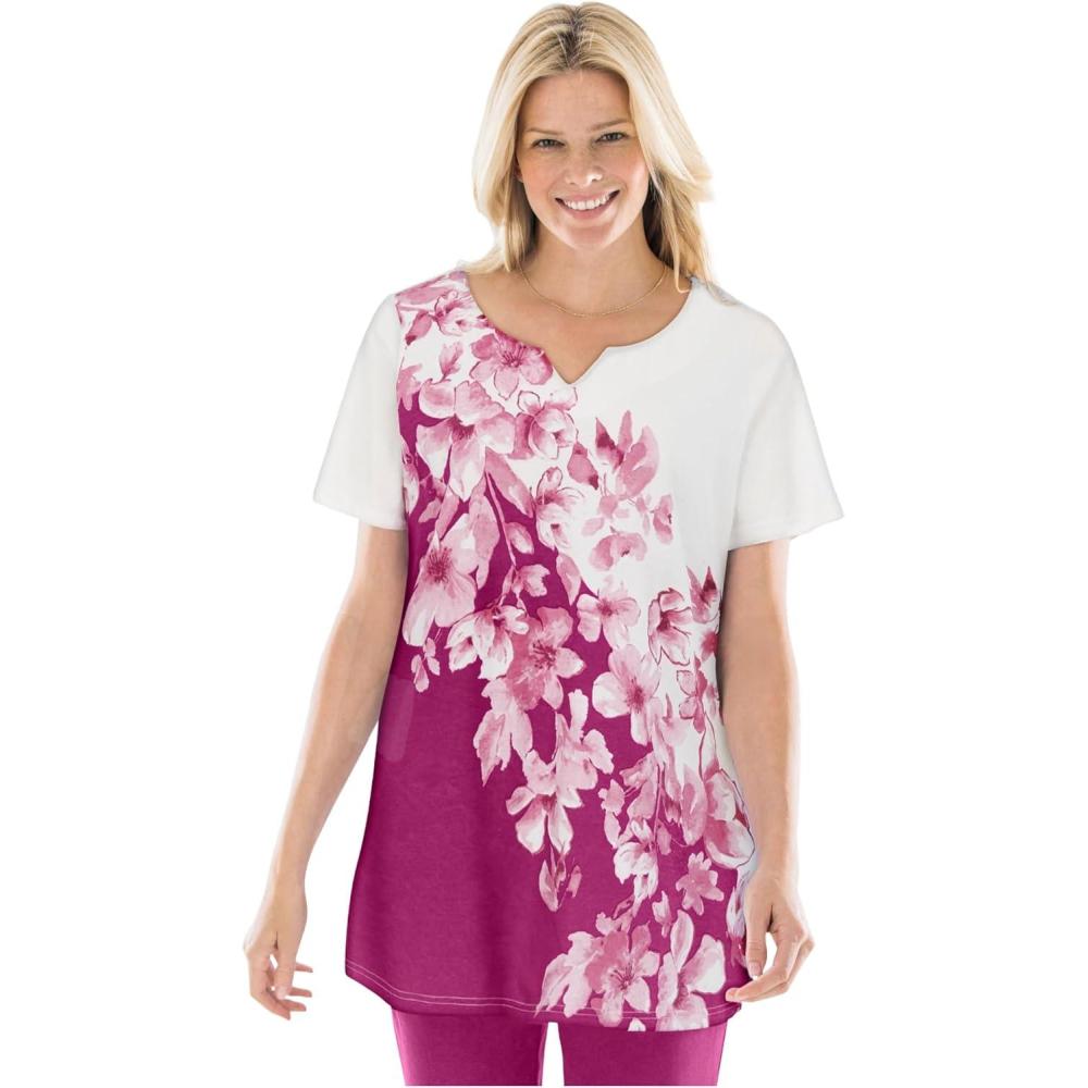 imageWoman Within Plus Size 7Day NotchNeck TunicRaspberry Diagonal Floral