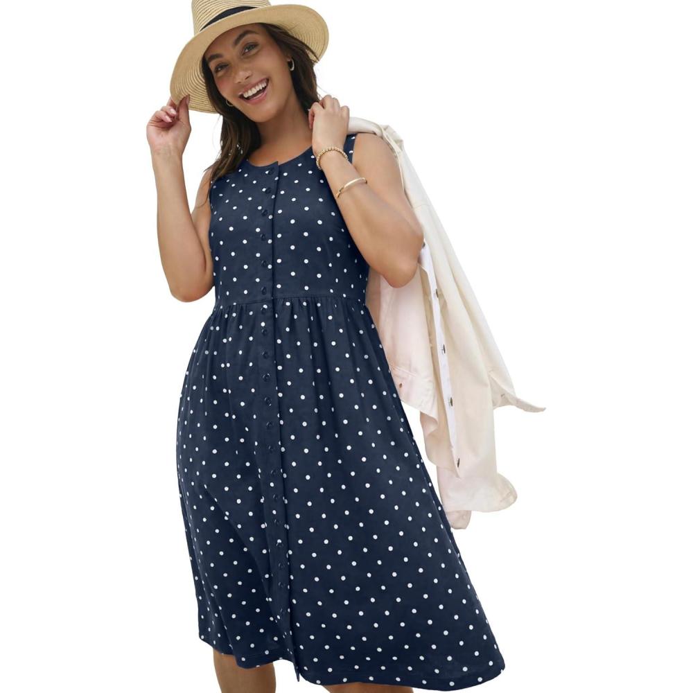 imageWoman Within Plus Size ButtonFront Empire Sleeveless Knit DressNavy Polka Dots