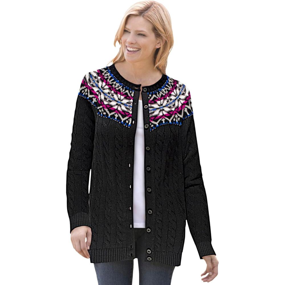 imageWoman Within Plus Size Fair Isle Cardigan SweaterBlack Fair Isle Stripe