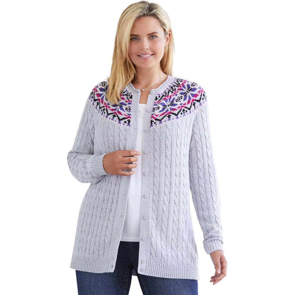 imageWoman Within Plus Size Fair Isle Cardigan SweaterHeather Grey Fair Isle Stripe