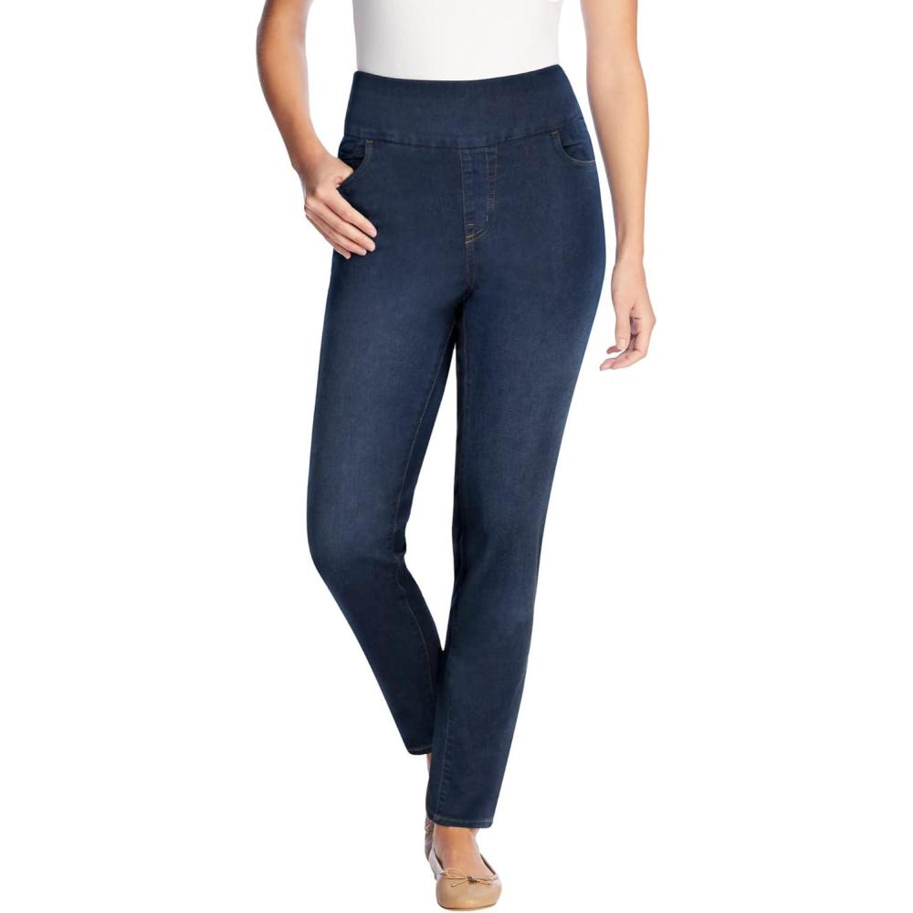 imageWoman Within Plus Size Flex SlimLeg PullOn GapFree StretchDenim JeansIndigo Sanded
