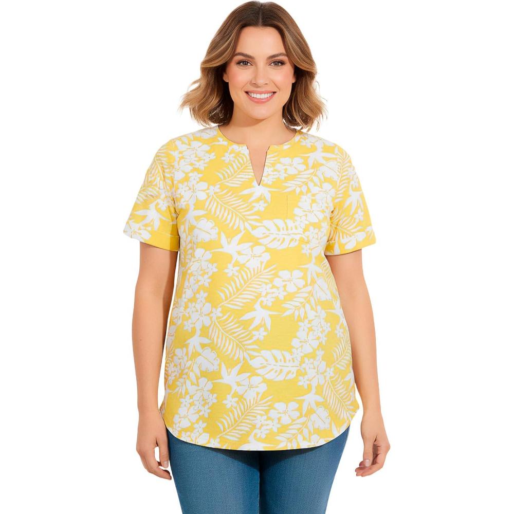imageWoman Within Plus Size NotchNeck Pocket TeePrimrose Yellow Palms