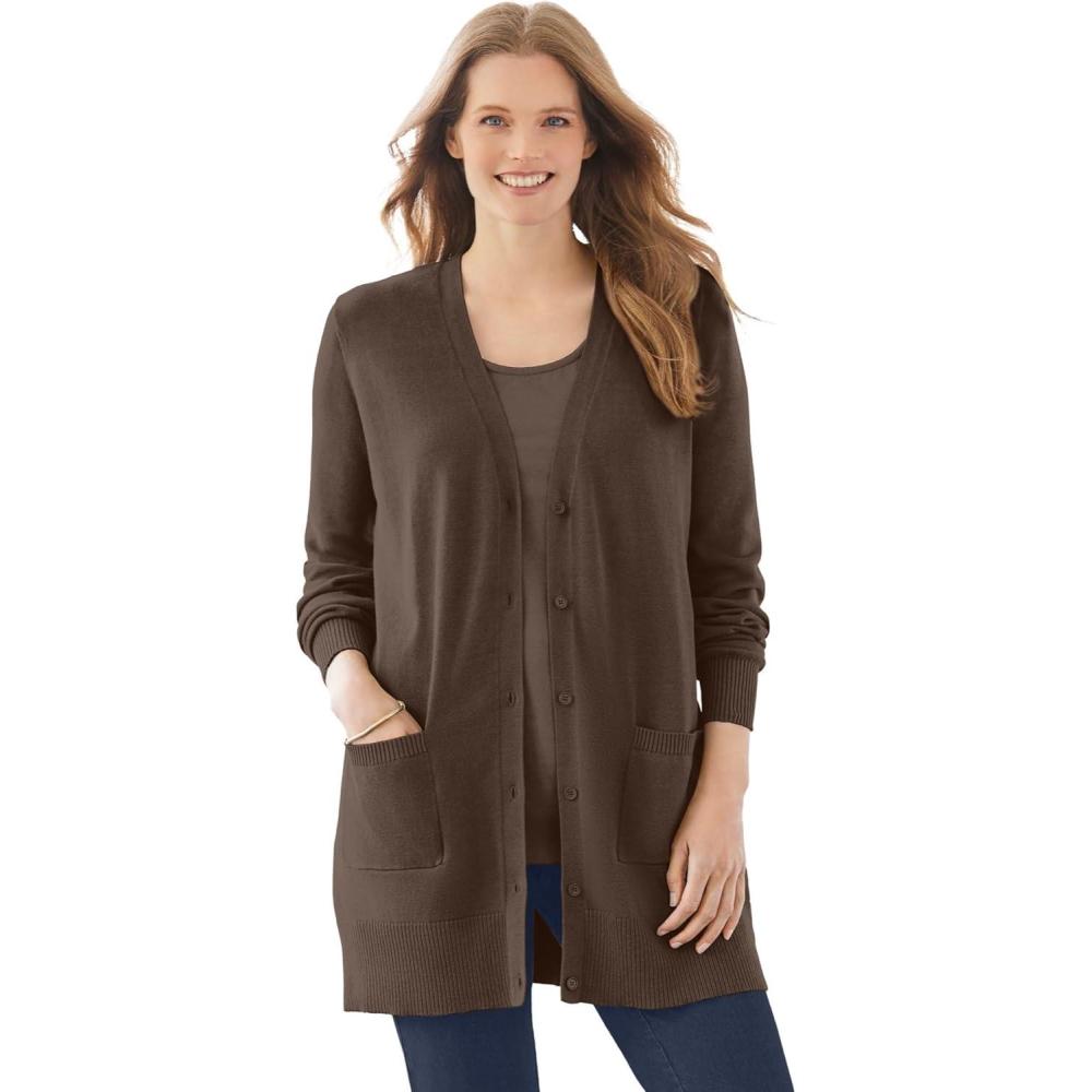 imageWoman Within Plus Size Perfect LongerLength Cotton Cardigan SweaterChocolate
