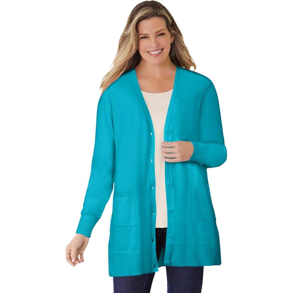 imageWoman Within Plus Size Perfect LongerLength Cotton Cardigan SweaterPretty Turquoise