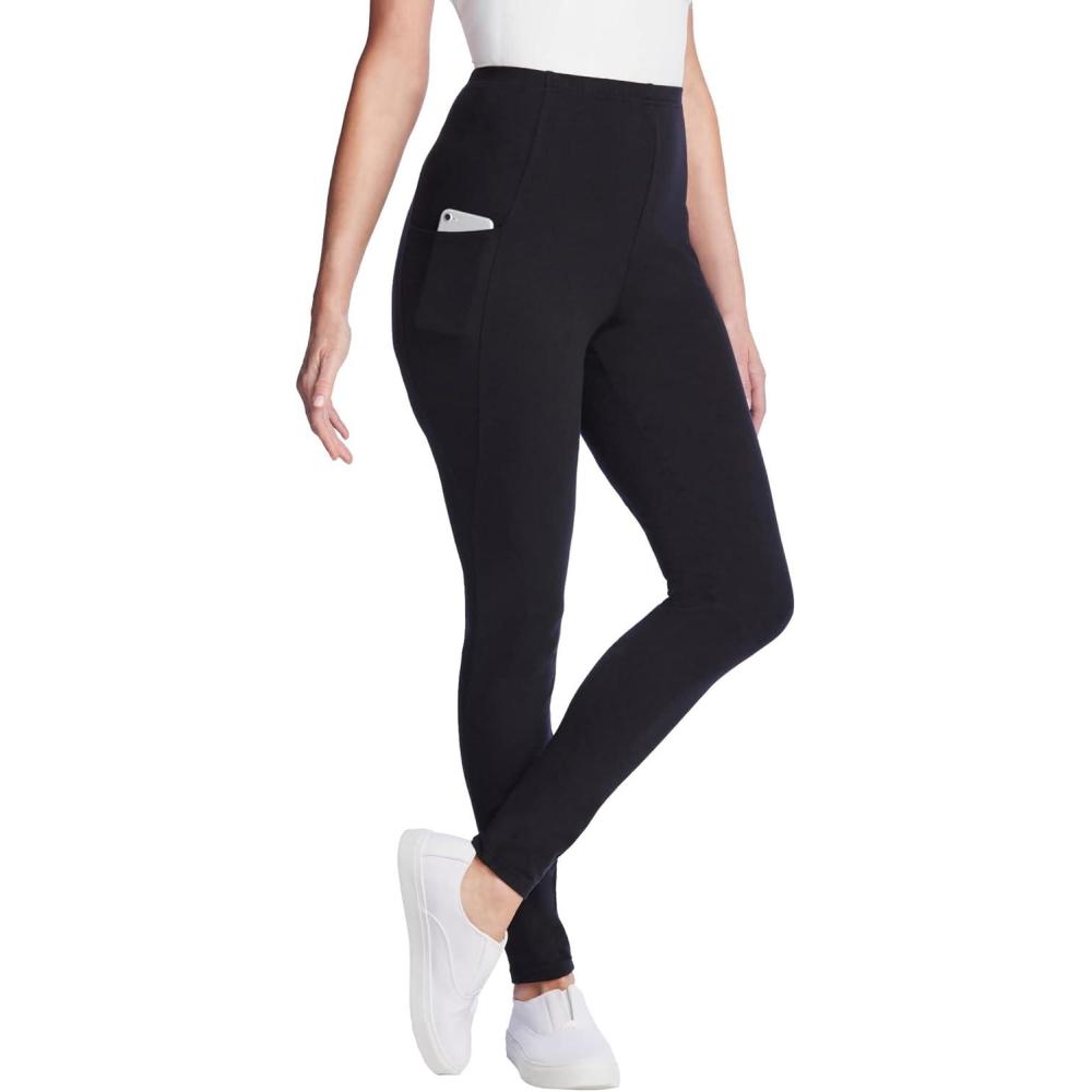 imageWoman Within Plus Size Petite Side Pocket AnkleLength PullOn Stretch Knit Cotton Spandex LeggingsBlack