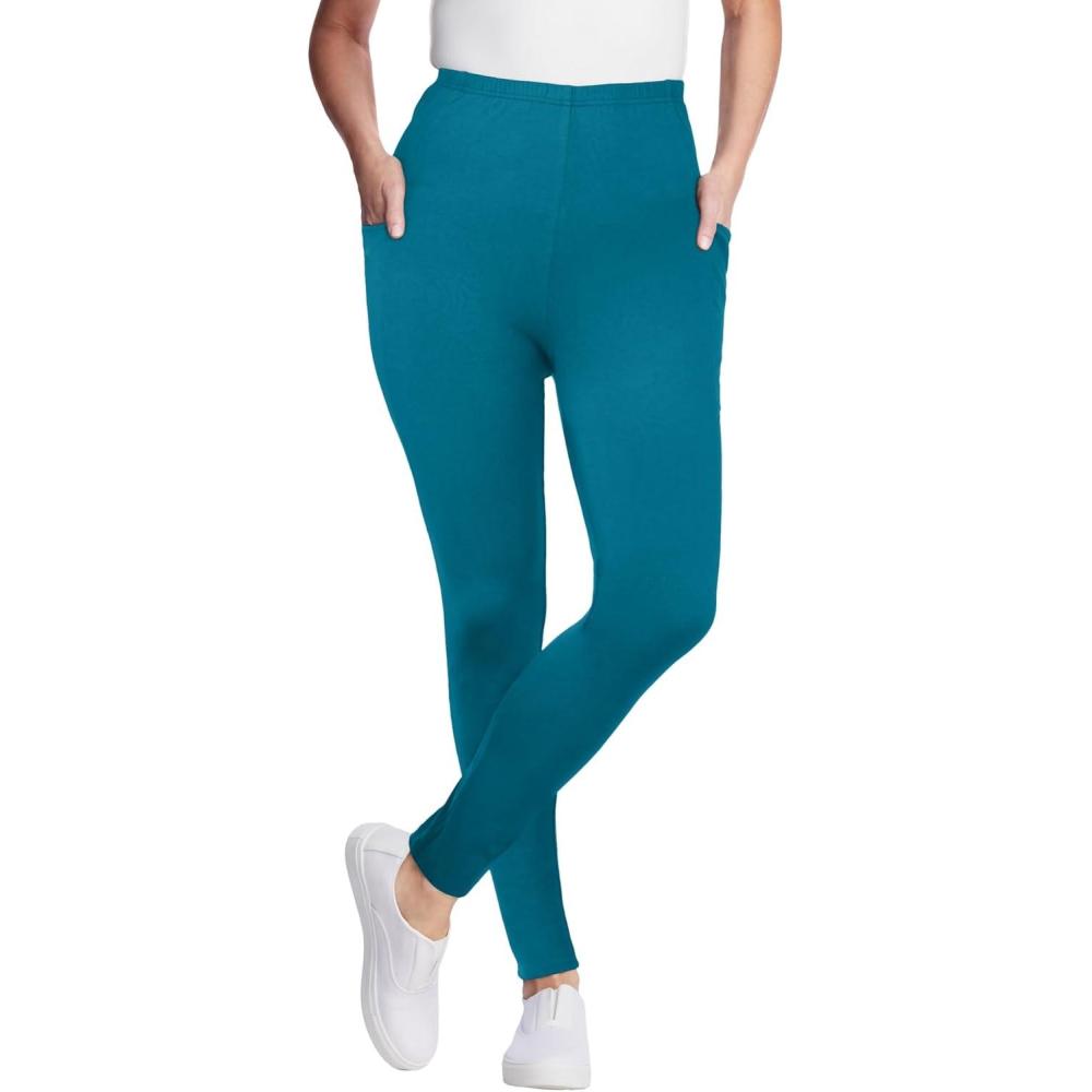 imageWoman Within Plus Size Petite Side Pocket AnkleLength PullOn Stretch Knit Cotton Spandex LeggingsDeep Teal