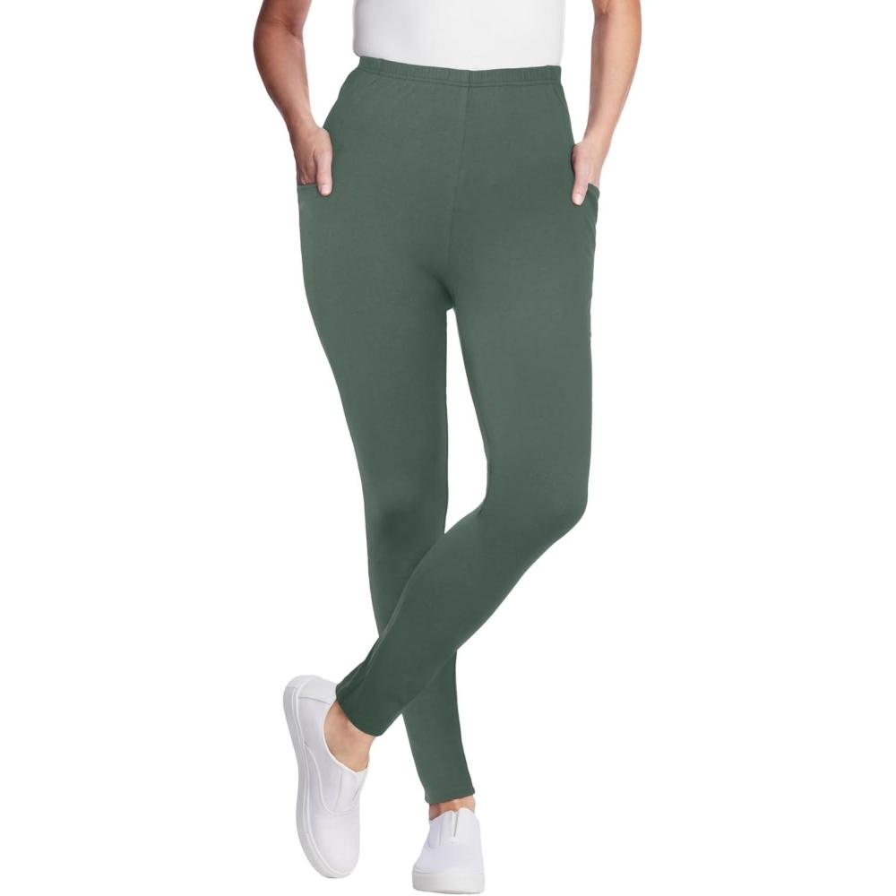 imageWoman Within Plus Size Petite Side Pocket AnkleLength PullOn Stretch Knit Cotton Spandex LeggingsPine
