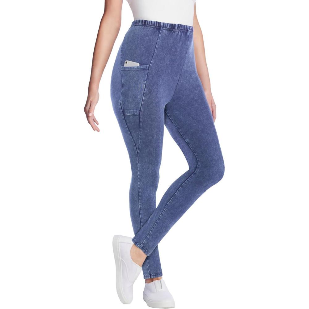 imageWoman Within Plus Size Petite Side Pocket AnkleLength PullOn Stretch Knit Cotton Spandex LeggingsStone Wash
