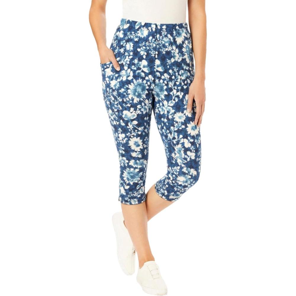 imageWoman Within Plus Size Petite StretchCotton Knit PullOn Printed Pocket Capri LeggingsNavy Batik Sunflower