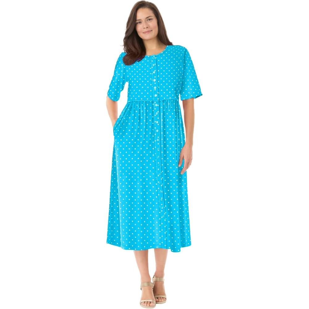 imageWoman Within Plus Size ShortSleeve ButtonFront Pocket Dress Petite Available S Blue Polka Dot