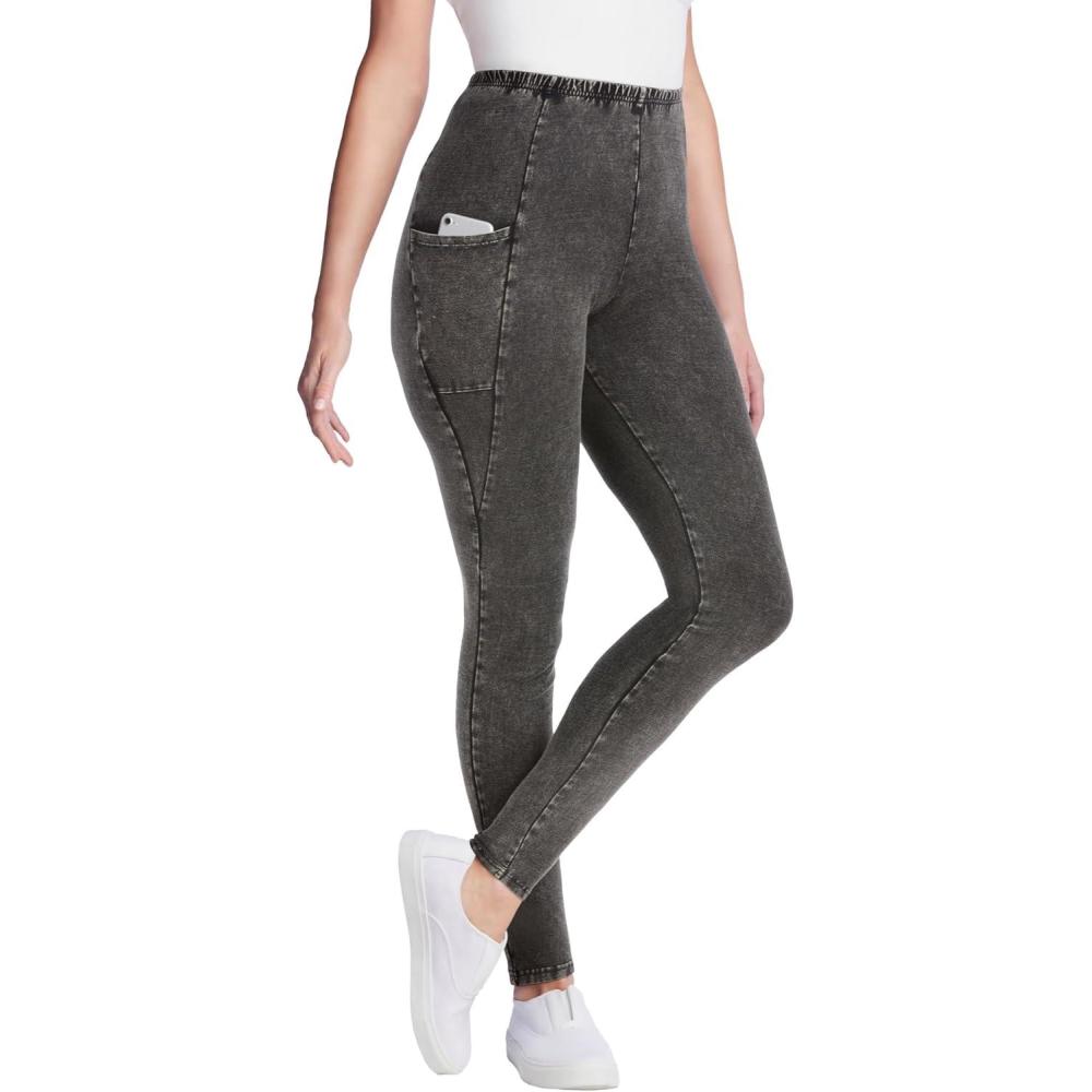 imageWoman Within Plus Size Side Pocket AnkleLength PullOn Stretch Knit Cotton Spandex LeggingsBlack Wash