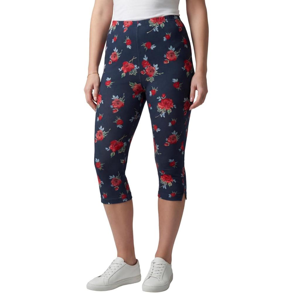 imageWoman Within Plus Size StretchCotton Knit PullOn Printed Capri LeggingsNavy Poppy