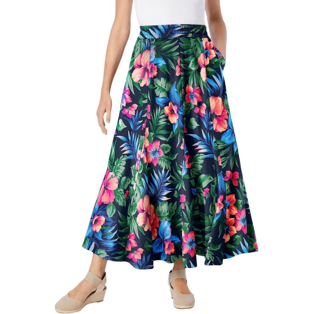 imageWoman Within Plus Size Wide Elastic Waist SkirtNavy Hibiscus Floral