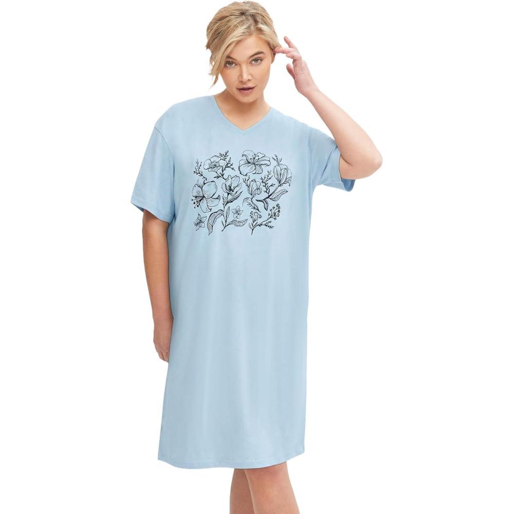 imageellos Plus Size Cotton Spandex Vneck Short Sleeve Sleep ShirtBlue Smoke Floral