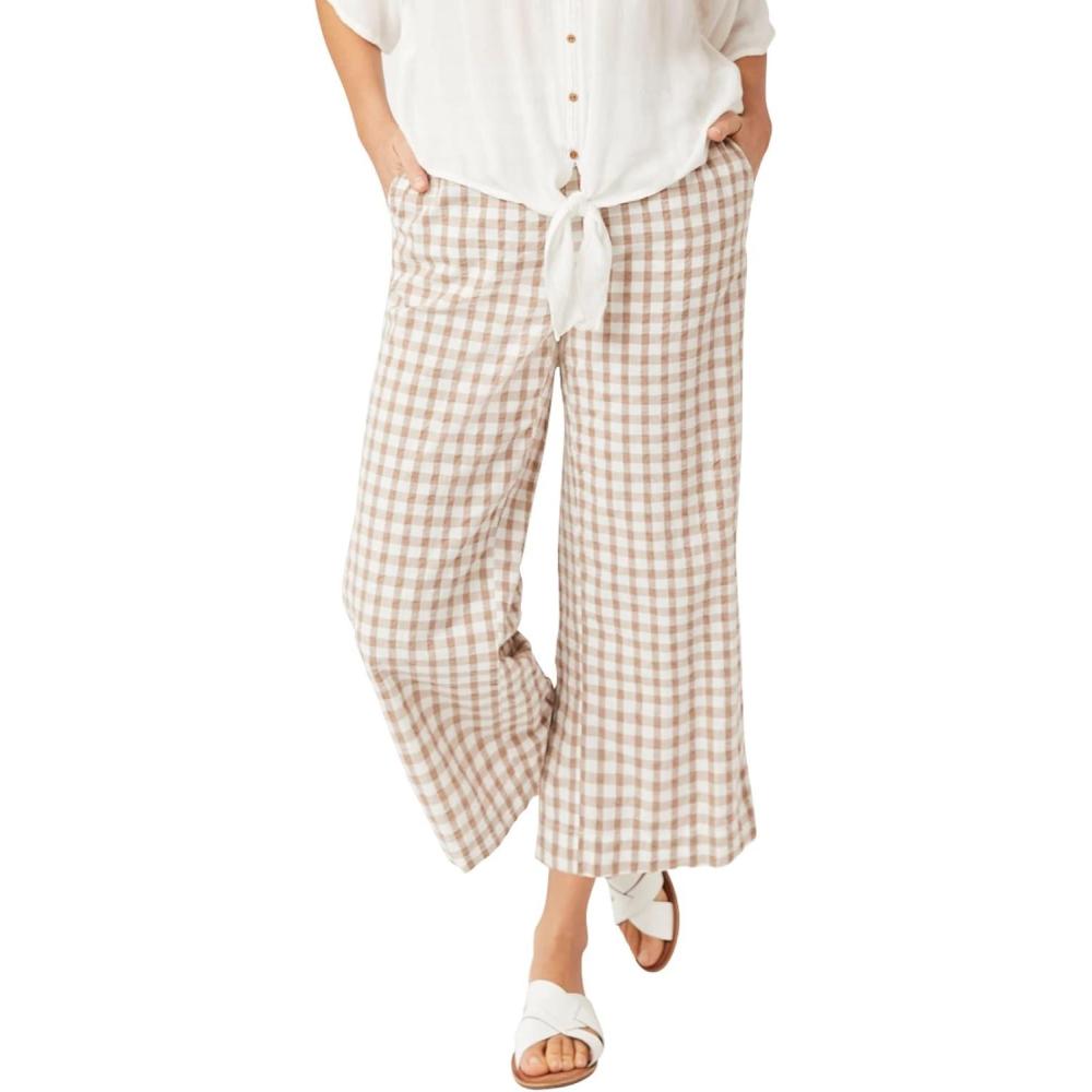 imageellos Plus Size Gingham Back Elastic Wide Leg Crop PantsBrown Sugar Ivory Gingham