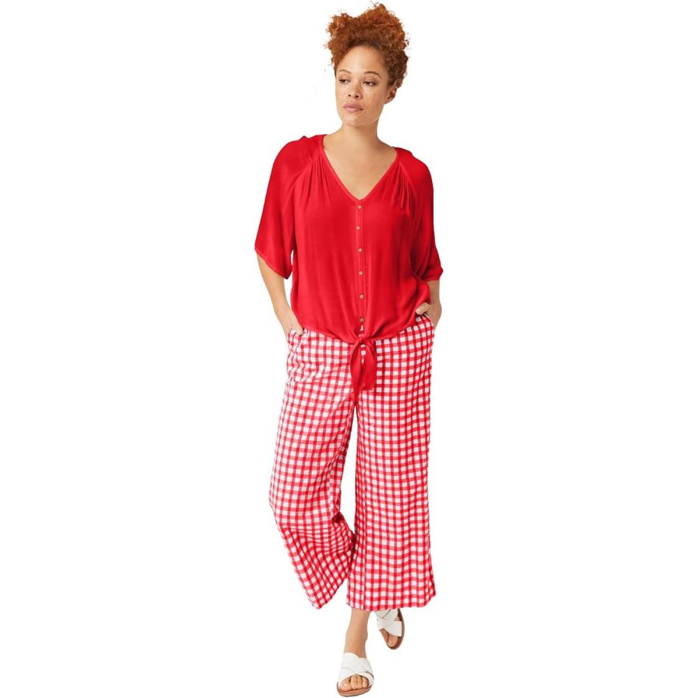 imageellos Plus Size Gingham Back Elastic Wide Leg Crop PantsHot Red White Gingham