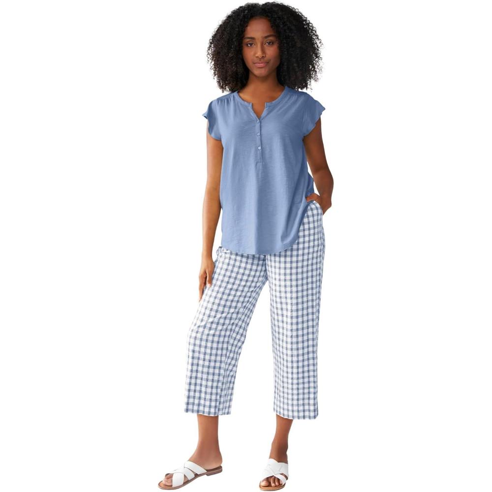 imageellos Plus Size Gingham Back Elastic Wide Leg Crop PantsPale Indigo White Gingham