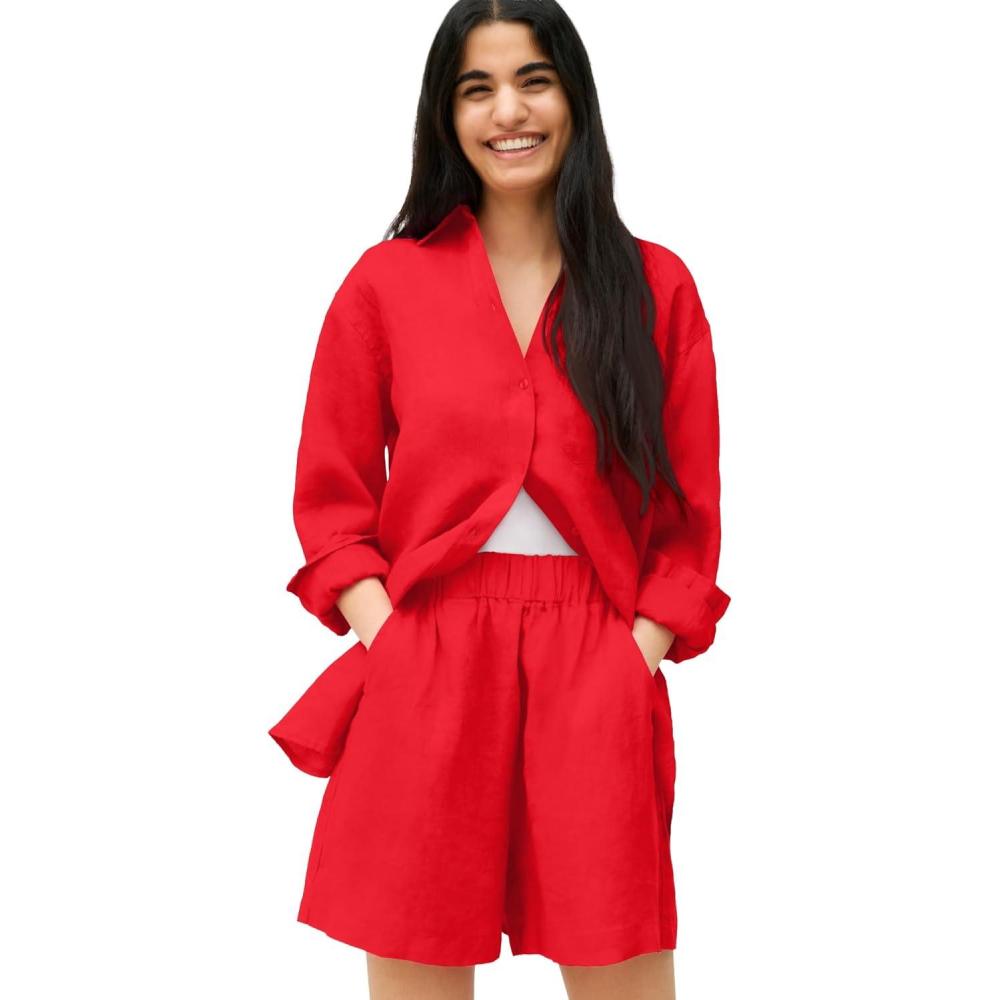 imageellos Plus Size LinenBlend Elastic Waist ShortsHot Red