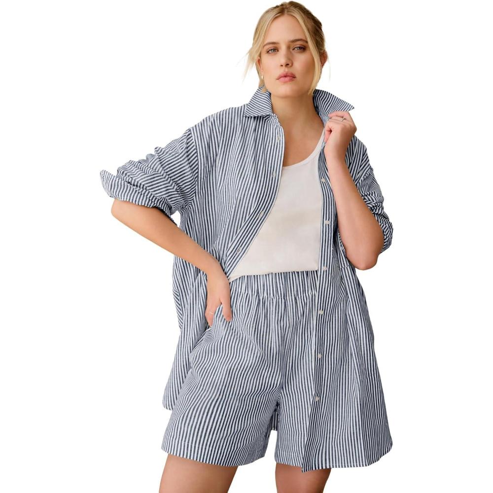 imageellos Plus Size LinenBlend Elastic Waist ShortsNavy White Stripe