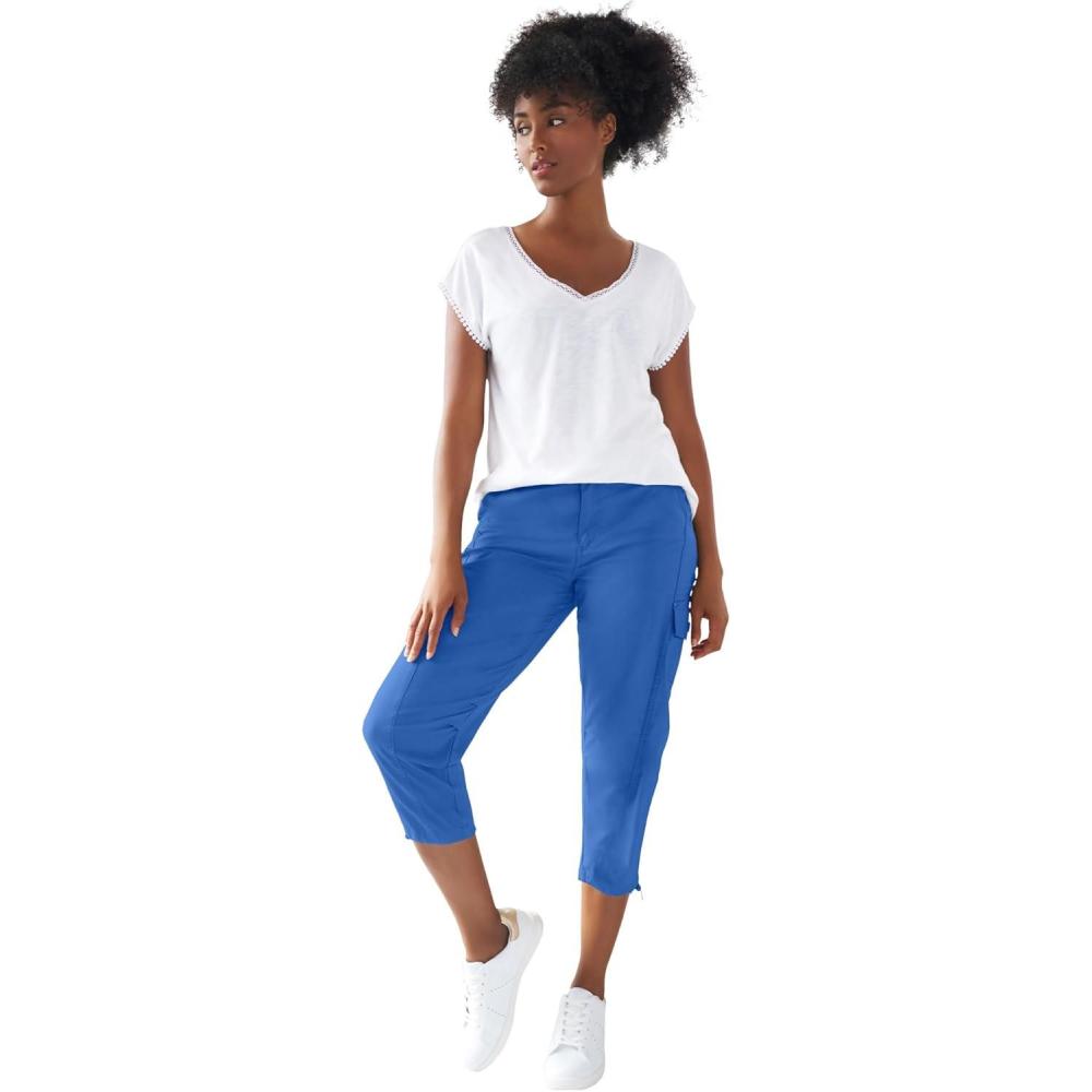 imageellos Womens Plus Size Stretch Cargo Capris Front and Side Pockets Casual Cropped PantsOcean Sapphire