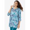 Woman Within Plus Size 7-Day Three-Quarter Sleeve Notch-Neck Tunic(Radiant Purple Floral Patchwork)