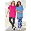 Woman Within Plus Size Stretch-Cotton Knit Pull-On Printed Pocket Leggings(Navy Batik Sunflower)