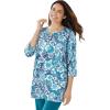 Woman Within Plus Size 7-Day Three-Quarter Sleeve Notch-Neck Tunic(Deep Teal Floral Patchwork)