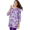 Woman Within Plus Size 7-Day Three-Quarter Sleeve Notch-Neck Tunic(Radiant Purple Floral Patchwork)