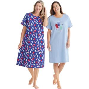 Dreams & Co. Plus Size 2-Pack Long Sleepshirts(Sky Blue Popsicle)
