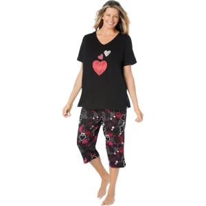 Dreams & Co. Plus Size 2-Piece Capri PJ Set(Black Multi Hearts)