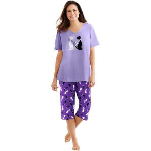 Dreams & Co. Plus Size 2-Piece Capri PJ Set(Plum Burst Cat)