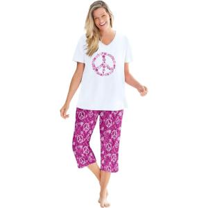 Dreams & Co. Plus Size 2-Piece Capri PJ Set(Raspberry Peace Sign)