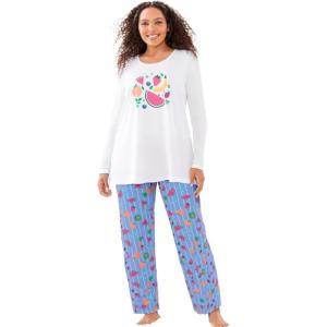 Dreams & Co. Plus Size Long Sleeve Knit PJ Set(Multi Fruit)