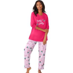 Dreams & Co. Plus Size Long Sleeve Knit PJ Set(Pink Burst Candy Cane)