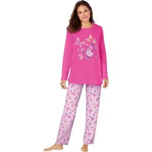 Dreams & Co. Plus Size Long Sleeve Knit PJ Set(Pink Butterflies)