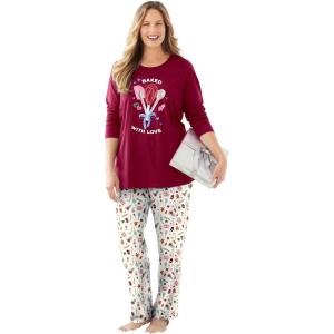 Dreams & Co. Plus Size Long Sleeve Knit PJ Set(Pomegranate Love)