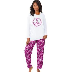 Dreams & Co. Plus Size Long Sleeve Knit PJ Set(Raspberry Peace Sign)