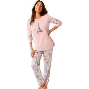Dreams & Co. Plus Size Long Sleeve Knit PJ Set(Raspberry Sorbet Paris)