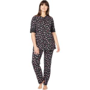 Dreams & Co. Plus Size Printed Henley PJ Set(Black Multi Floral)