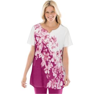 Woman Within Plus Size 7-Day Notch-Neck Tunic(Raspberry Diagonal Floral)