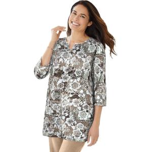 Woman Within Plus Size 7-Day Three-Quarter Sleeve Notch-Neck Tunic(New Khaki Floral Patchwork)