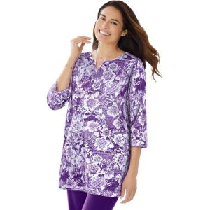Woman Within Plus Size 7-Day Three-Quarter Sleeve Notch-Neck Tunic(Radiant Purple Floral Patchwork)