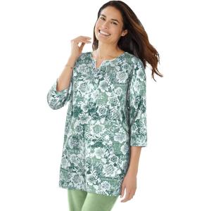 Woman Within Plus Size 7-Day Three-Quarter Sleeve Notch-Neck Tunic(Sage Floral Patchwork)