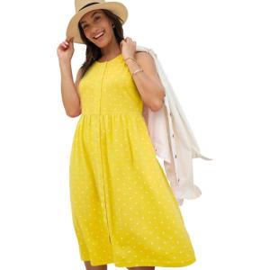 Woman Within Plus Size Button-Front Empire Sleeveless Knit Dress(Primrose Yellow Polka Dots)